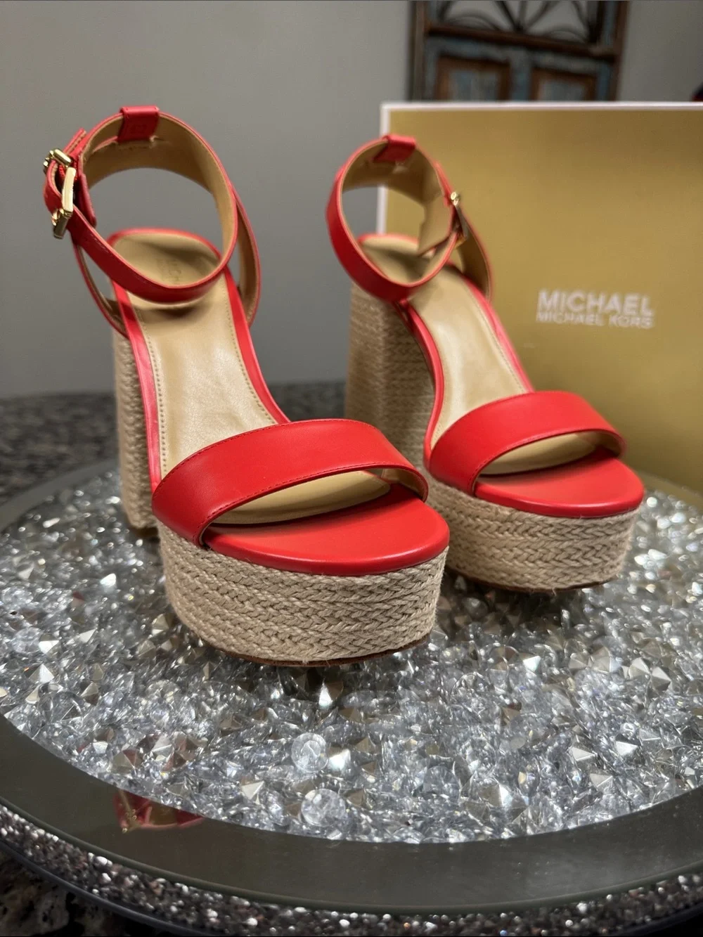 Michael Kors leather coral Red Platform Espadrille Heels with Gold Buckle logo